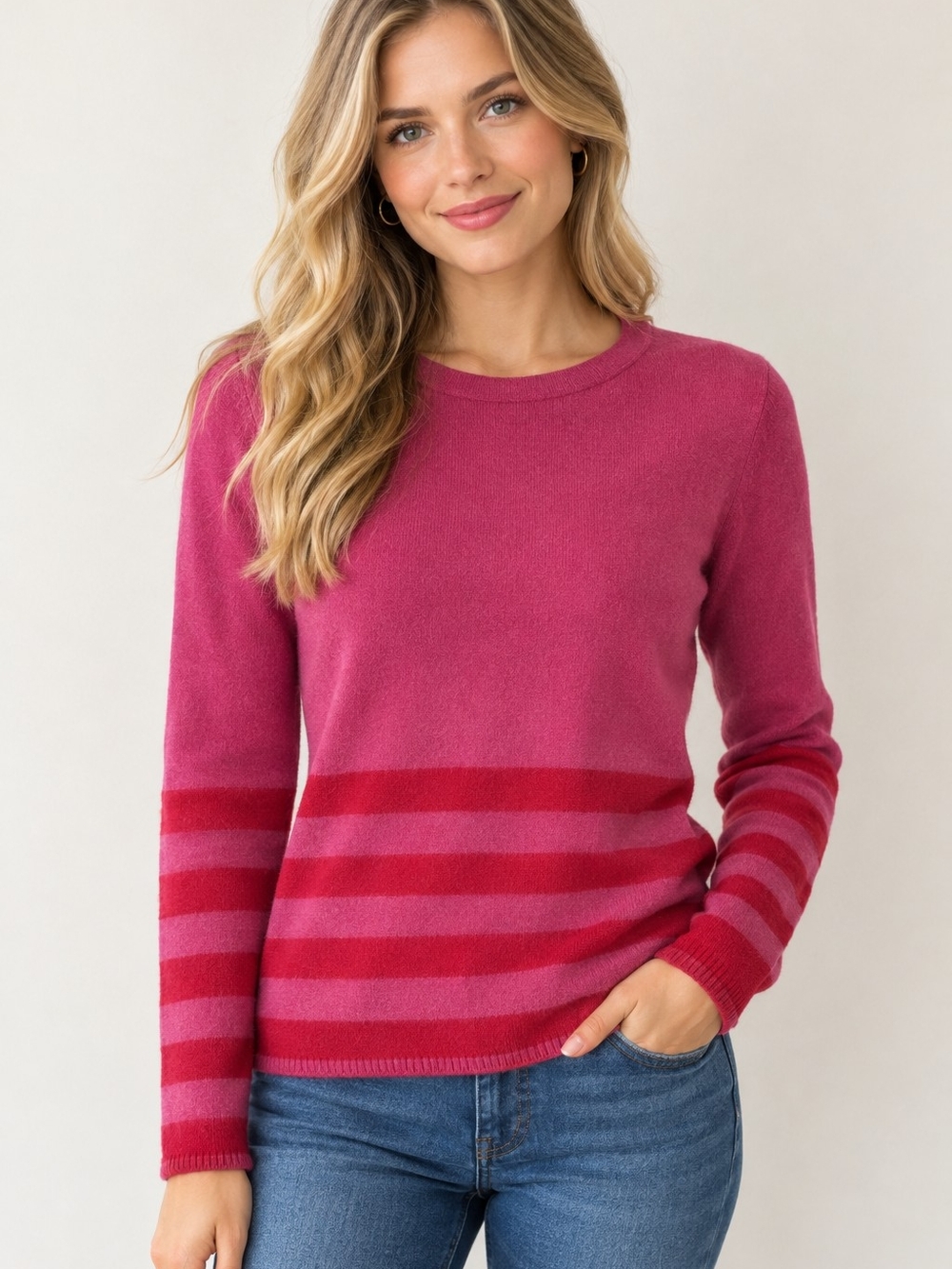 Banana Republic Pink & Red Striped Crewneck Sweater